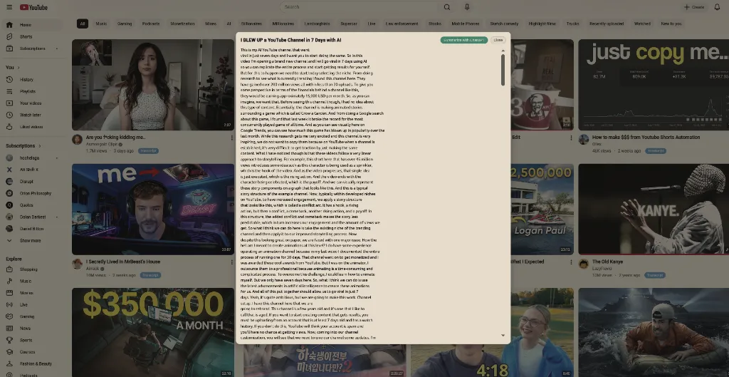 Transcript popup with text